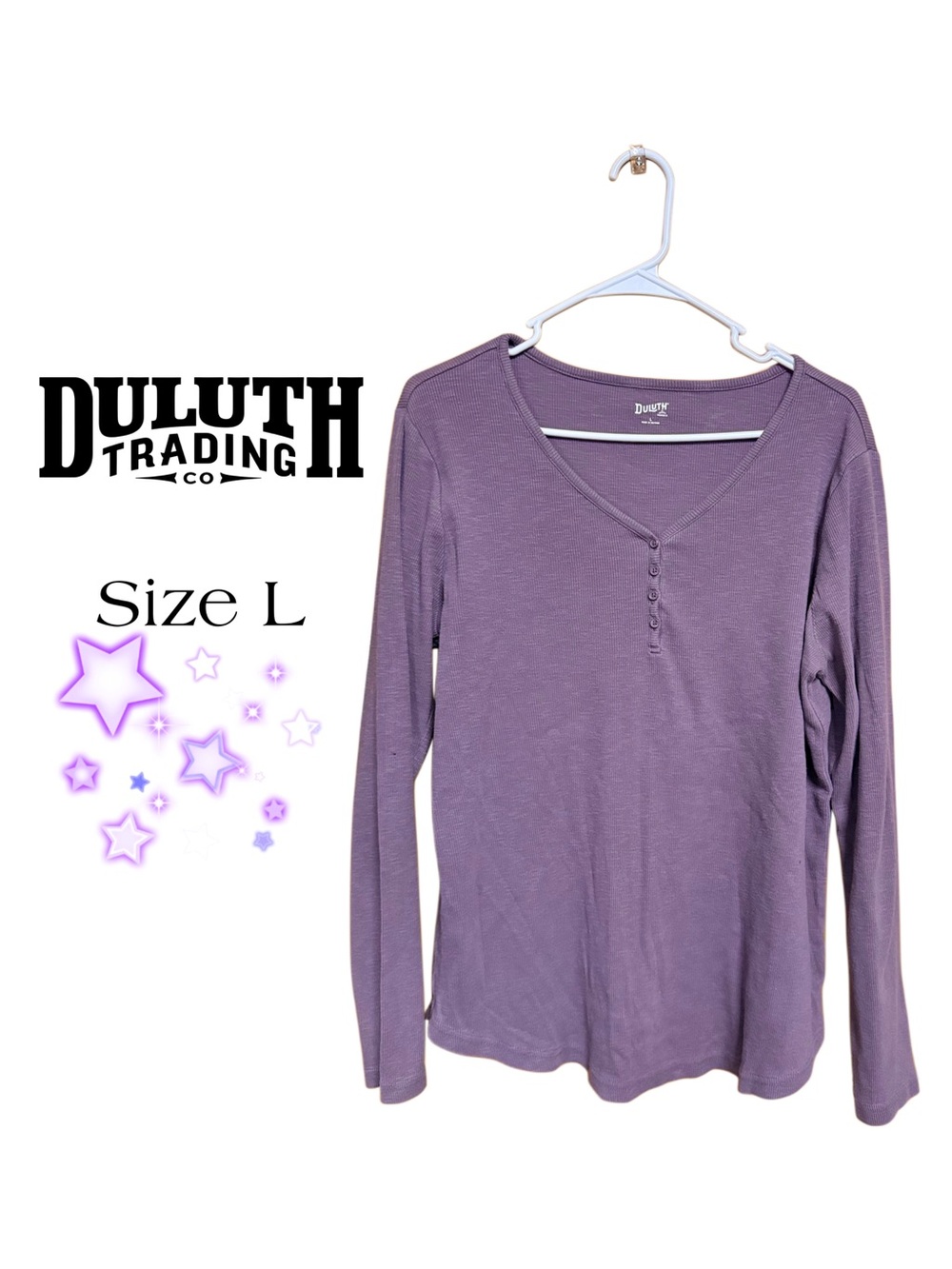 💜 Cozy Purple Waffle Knit Henley Tee Size Large Soft Casual Layering Top
